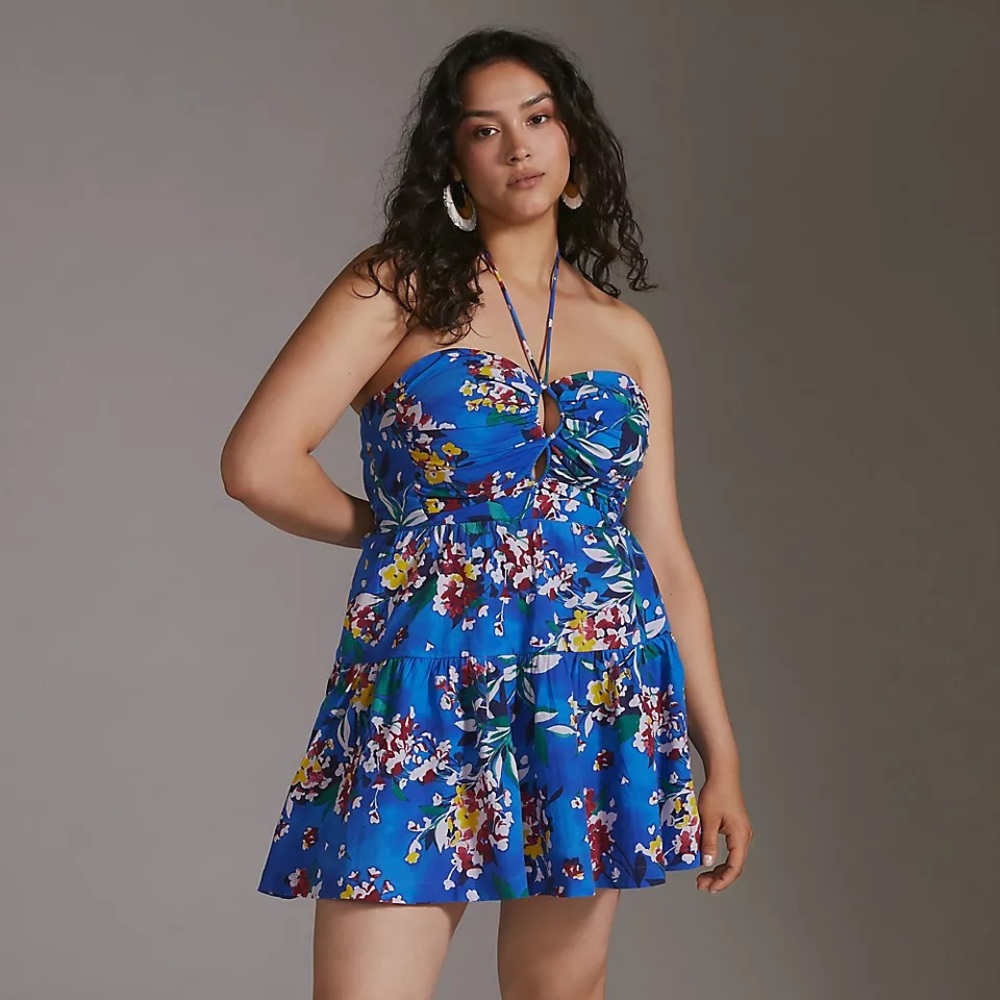 Anthropologie Royal Blue Halter Floral Mini Dress